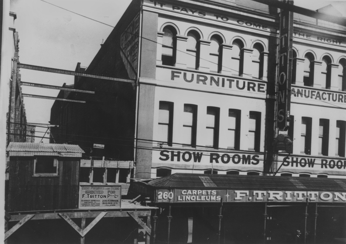 Extensions to Tritton's furniture store underway on George Street, Brisbane, ca. 1932.