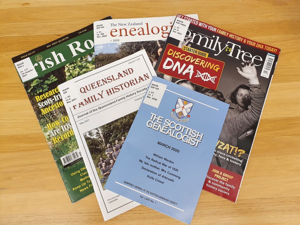 An image of front covers of five family history journals and magazines