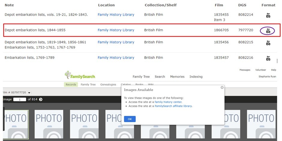 Image of FamilySearch catalog and message that appears when the images are locked