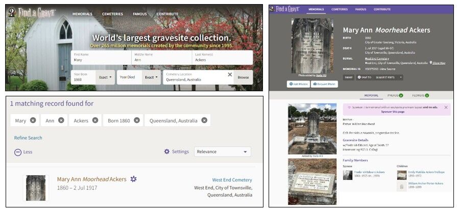 Two screenshots of a search on the Find a Grave website