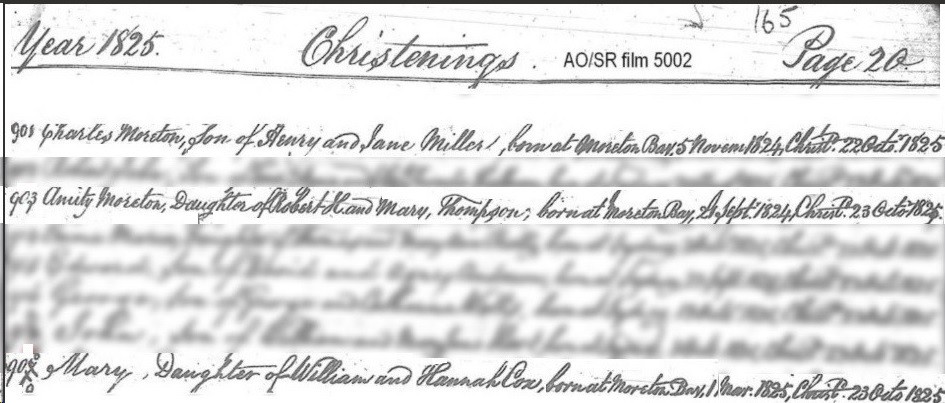 image of register of baptisms, burials and marriages 1787-1856 dated 1825 showing the earliest colonial births in Moreton Bay