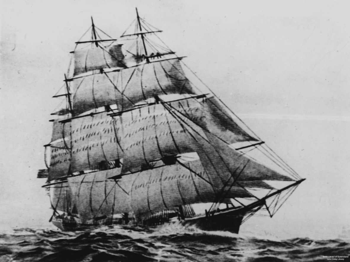 A painting of a ship at sea