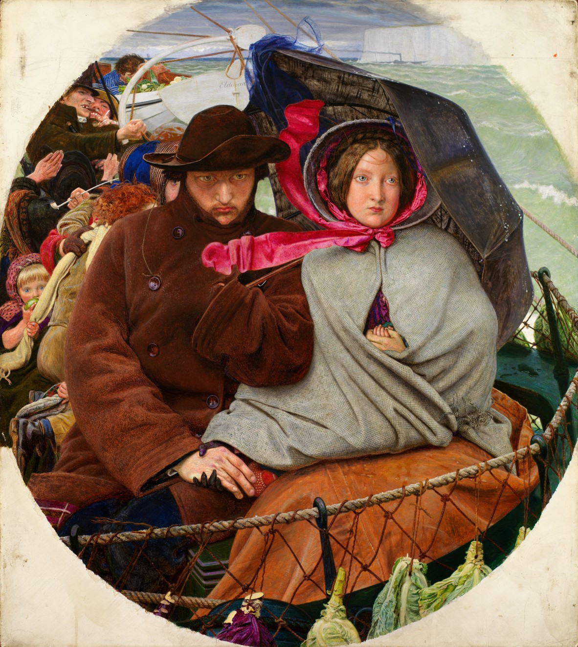 A painting, The Last of England by Ford Madox Brown, 1855, depicting a man and woman on board an emigrant ship