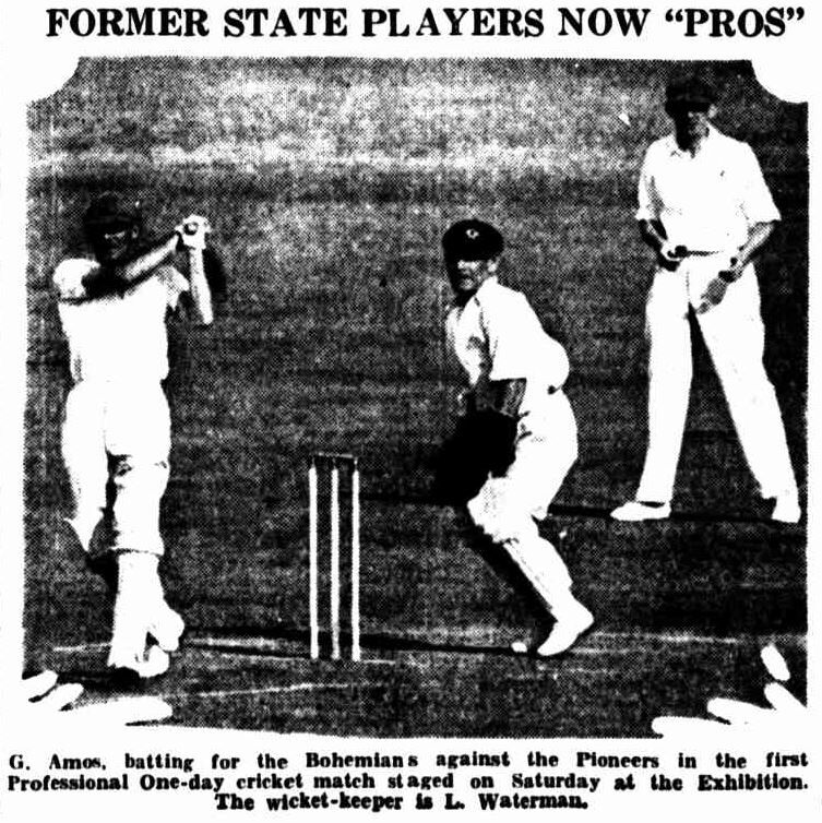Newspaper picture of Gordon Amos batting, with Leonard Waterman behind the stumps. Headline reads: "FORMER STATE PLAYERS NOW "PROS""