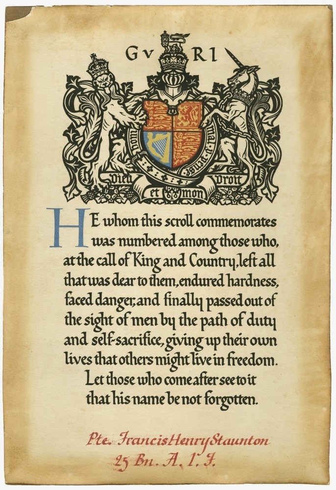 Francis Henry Staunton Commemorative Scroll ca. 1918