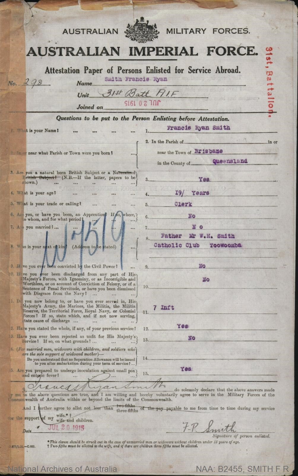 B2455, Francis Ryan Smith Service Records, Courtesy National Archives of Australia.  