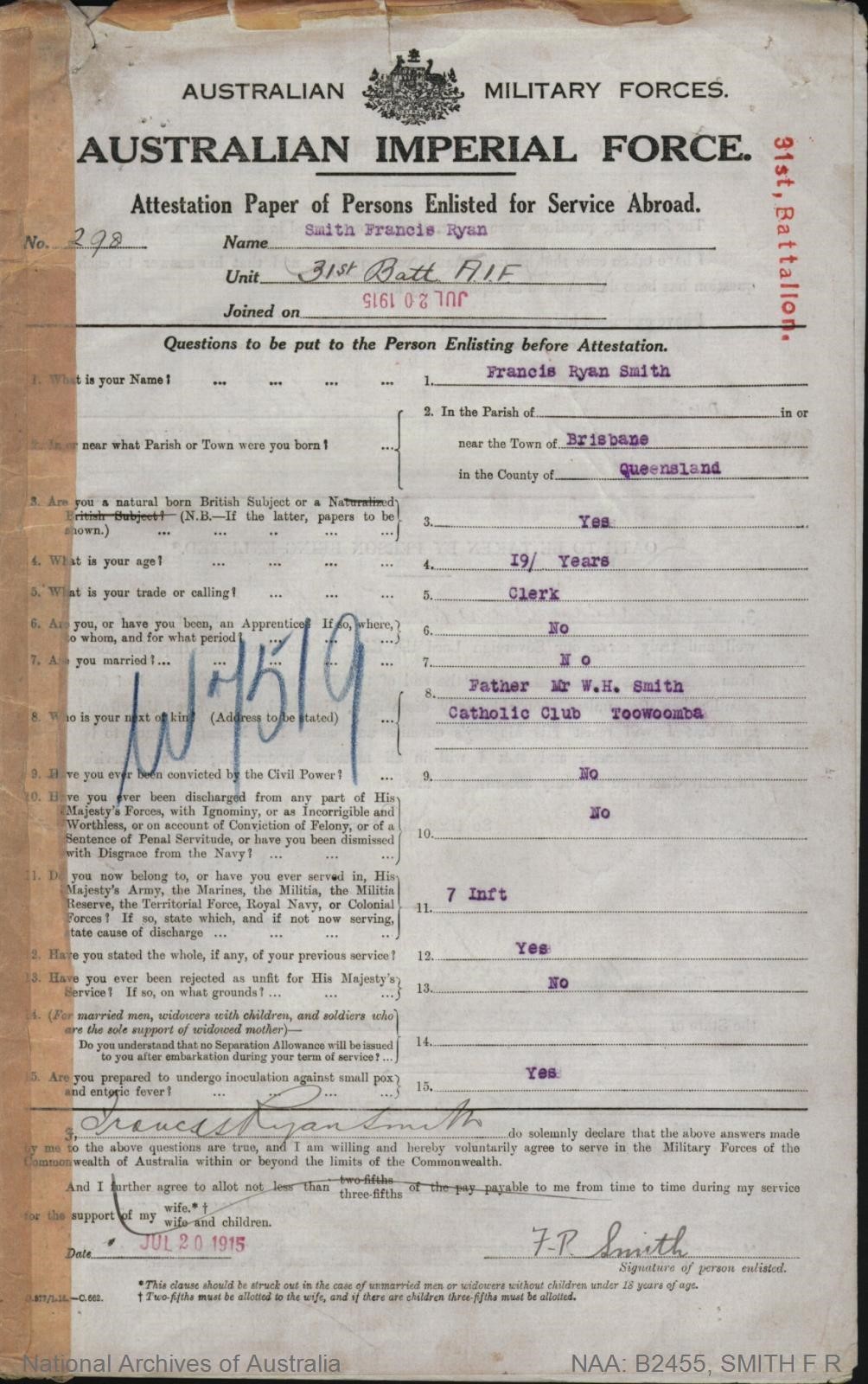 B2455, Francis Ryan Smith Service Records, Courtesy National Archives of Australia.