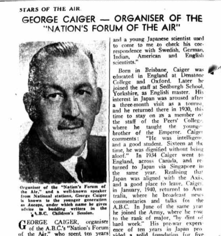 Newspaper article about George Caiger Organiser of the Nations Forum of the Air