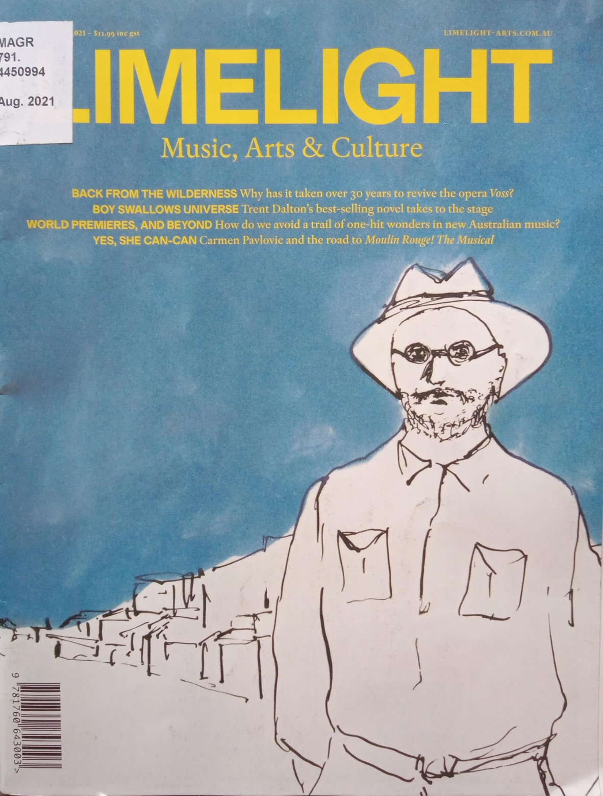 Front cover of Limelight magazine with line drawing of a man August 2021