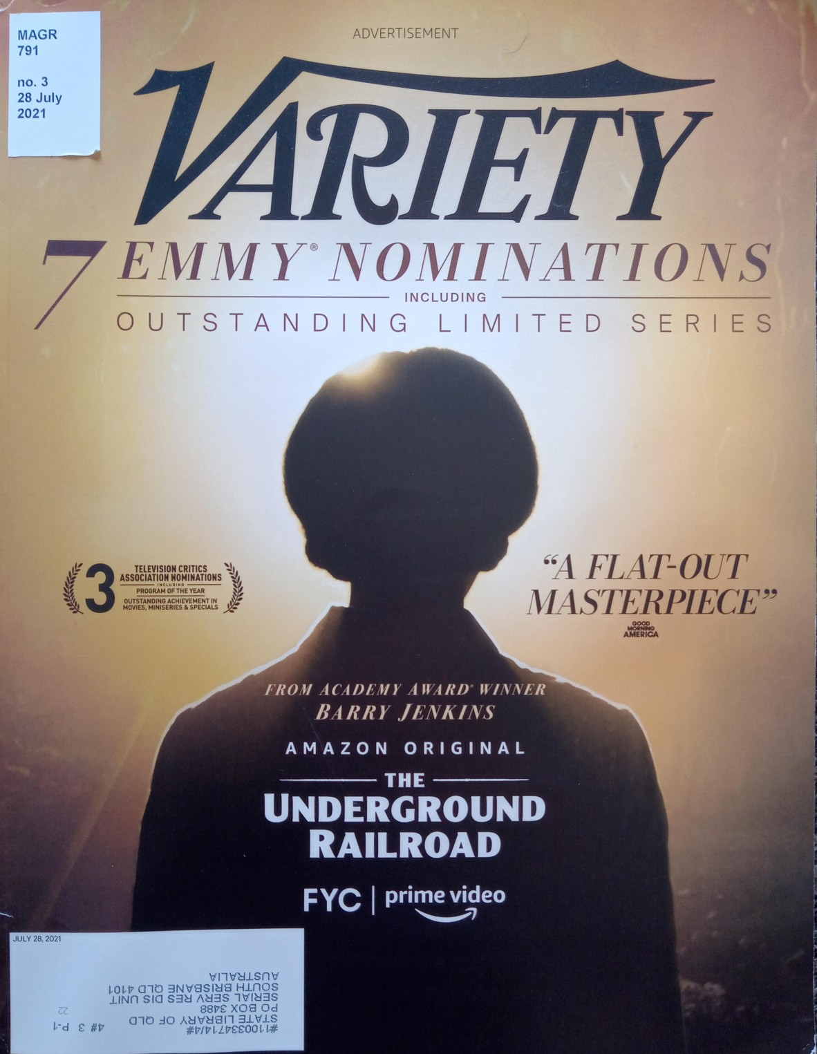 Front cover of Variety magazine with silhouette of person, July 2021