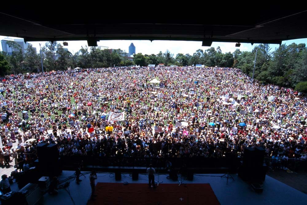 Gathering for the anti-war protest, Botanic Gardens, Brisbane 2003 