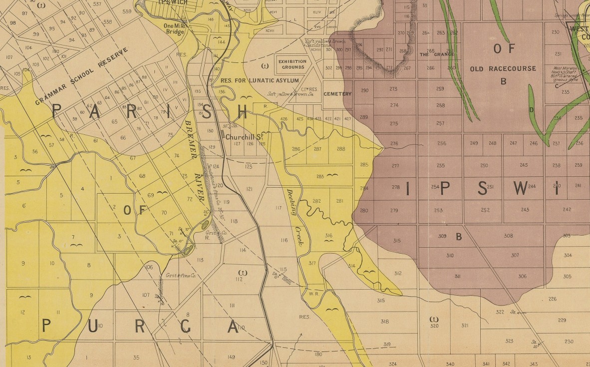 Detail from Geological map of the Ipswich coal field map no. 1 to accompany report by Walter E. Cameron ... 1899 