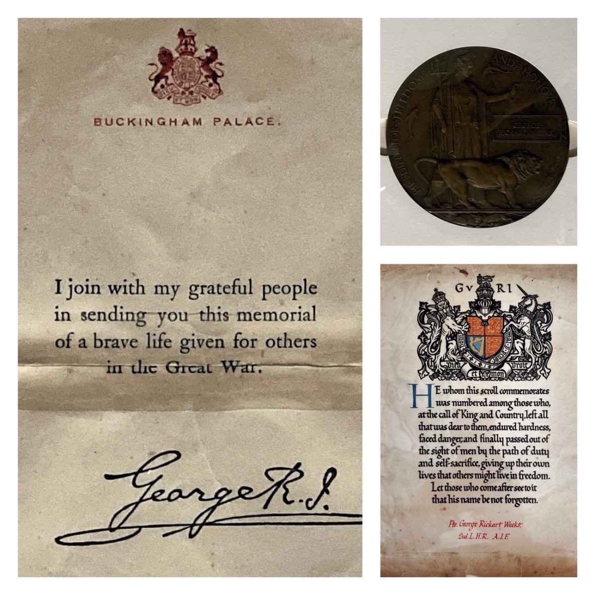Clockwise from left Letter from Buckingham Palace accompanying the Memorial Plaque the Memorial Plaque and the Memorial Scroll