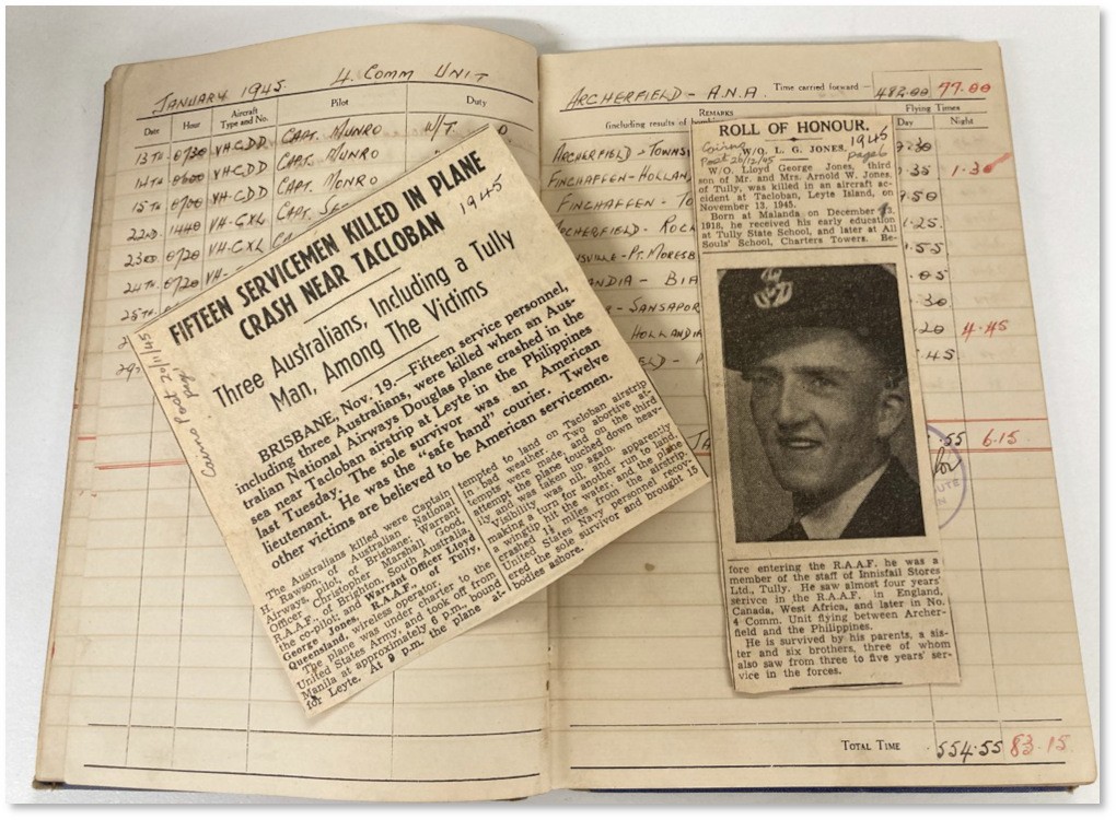 Warrant Officer Radio Operator Lloyd George Jones logbook and newspaper clippings