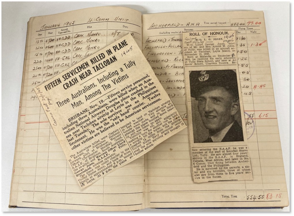 Warrant Officer, Radio Operator, Lloyd George Jones logbook and newspaper clippings