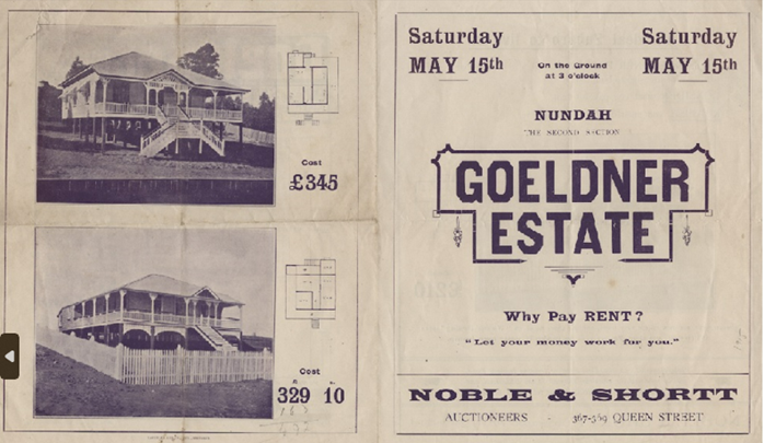 An advertisement featuring a house from the Goeldner Estate, Nundah
