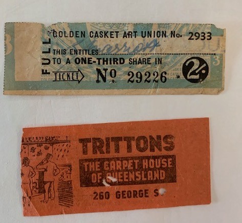 27443 Tram Ticket and Golden Casket Art Union Ticket ca. 1945. John Oxley Library, State Library of Queensland