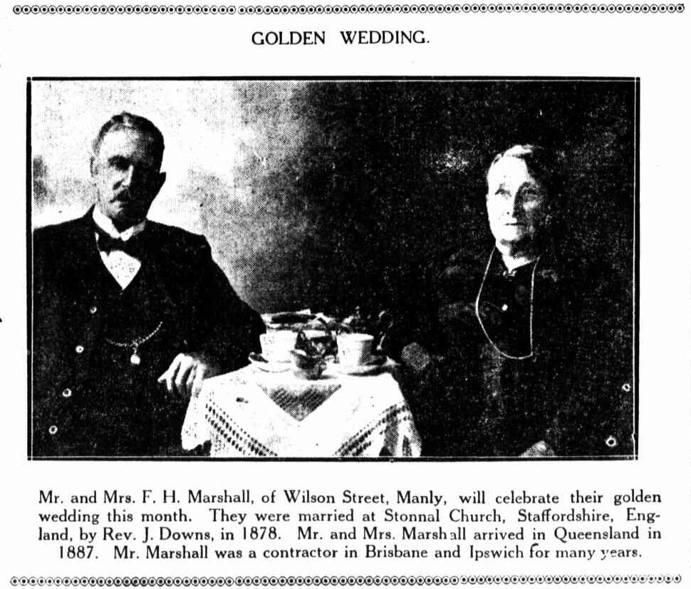 Image of photograph from a newspaper showing the Marshalls, who were celebrating their golden wedding anniversary in 1928.