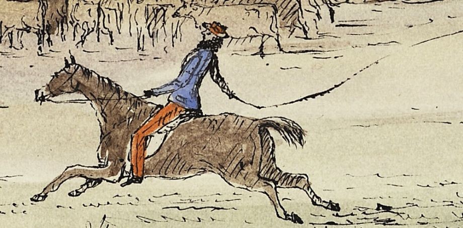 George Knight Erskine Fairholme 18221889 Australia Driving in the herd Detail c1845 No 1 Hand-coloured lithograph John Oxley Library State Library of Queensland ACC 5753