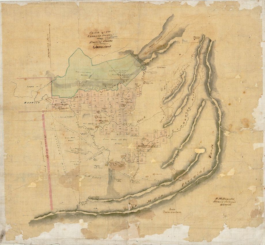 William Henry Binsted 1835   1918 Sketch of the Canning Downs Run on the Darling Downs in the Colony of Queensland c1865 Indian ink and watercolour on tracing paper laid down on cotton Signed lower right WH Binsted Licensed Surveyor Warwick John Oxley Library State Library of Queensland ACC 6263 