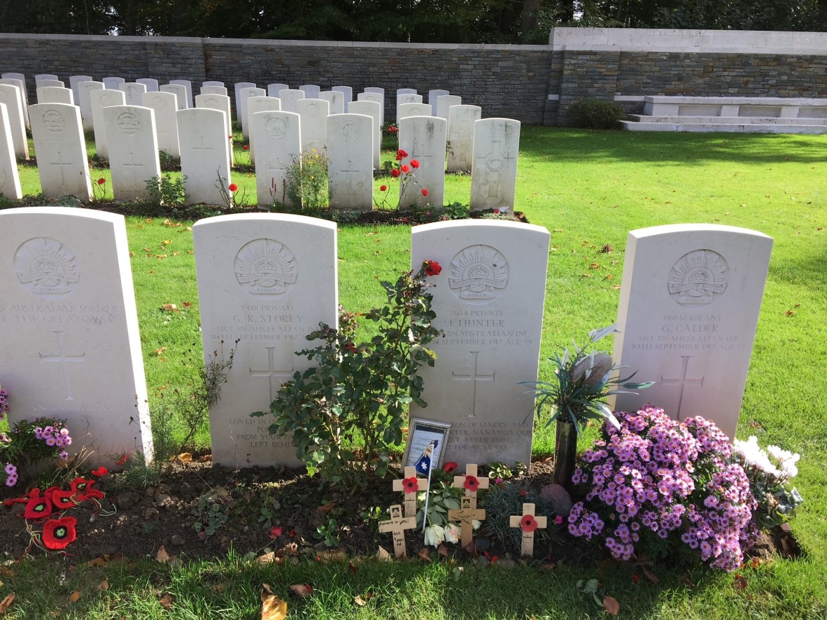 Headstone of #3504 Private John (Jack) Hunter and the other soldiers discovered in the mass grave, Buttes New British Cemetery, Polygon Wood.