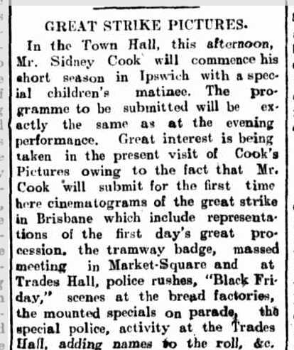 Part of an article, "Great Strike Pictures", published in the newspaper "The Queensland Times" 24 February 1912, p.4.