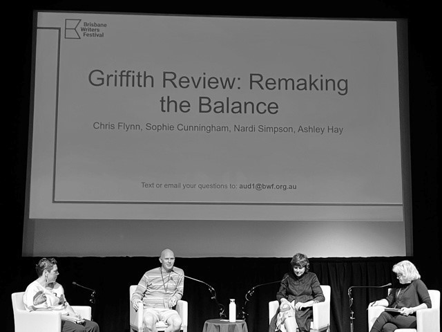 A black and white image of the Griffith Review Remaking the Balance panel at Brisbane Writers Festival in 2021. 