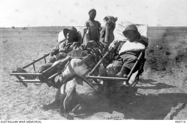 Cacolets Carrying Wounded Soldiers being Loaded, One Each Side, Onto a Camel for Transport to a Medical Facility for Treatment, 1916-1917.