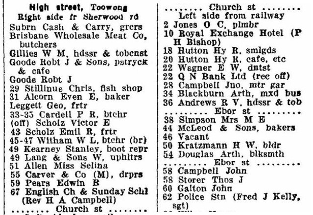 Post Office Directory, 1938, showing High St Toowong