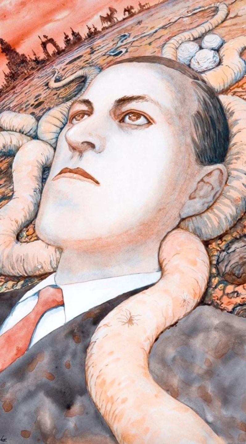 An illustration of a man in a suit lying on the ground looking up; around him is a strange landscape with tentacles and eggs/rocks