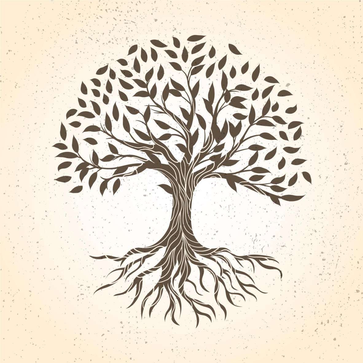 Hand drawn brown tree of life showing leaves, branches and roots.