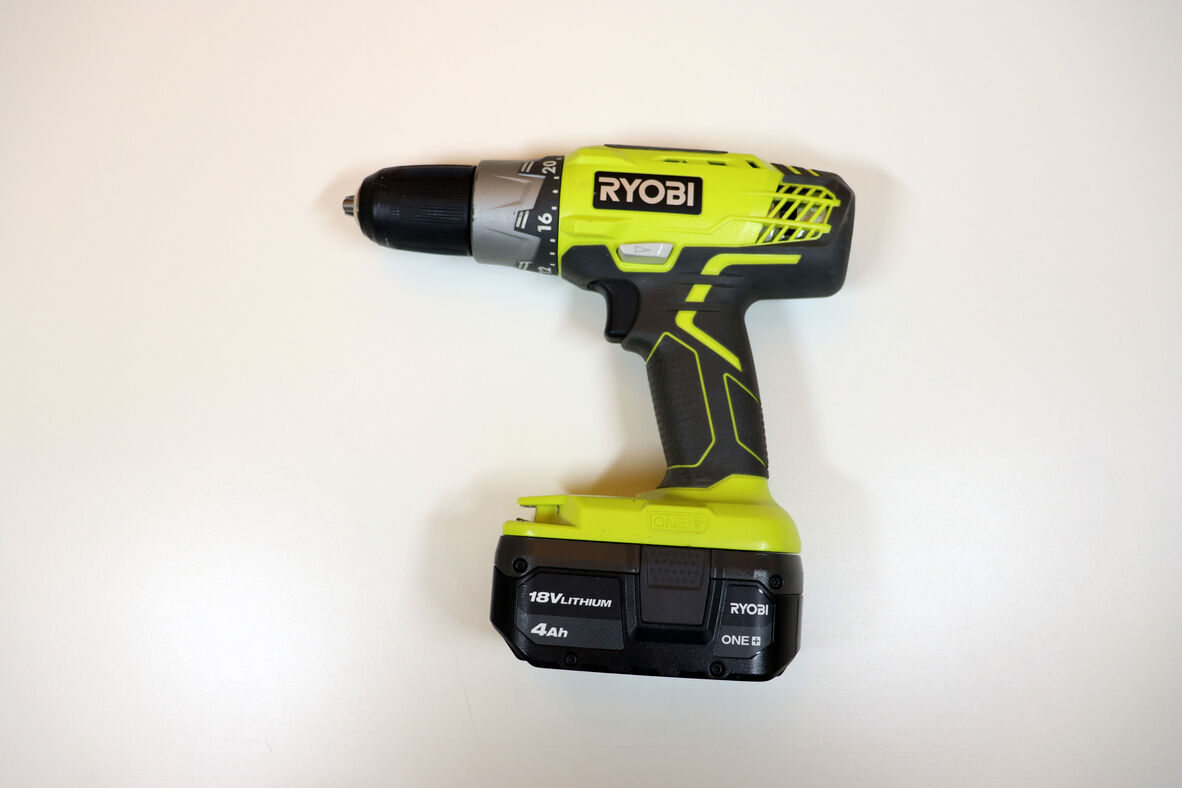 overhead photo of a Ryobi 18V hand drill