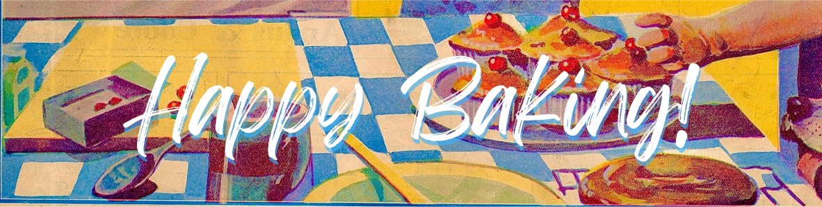Detail of cover art for The Queenslander, October 3 1935 issue. A hand reaches for a cupcake in a vintage illustration. The words "Happy Baking!" are placed over the top in a white handwritten style font.