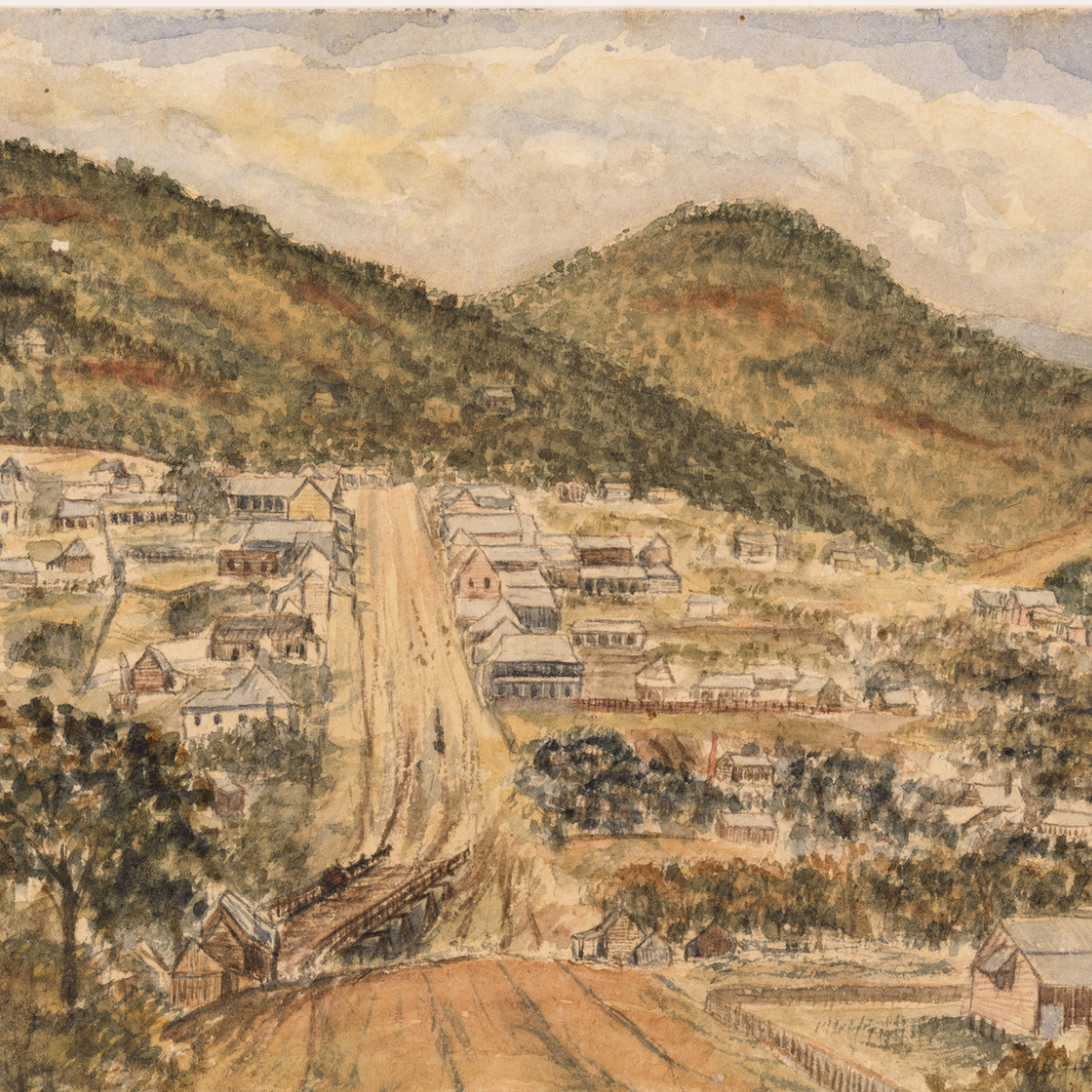 Detail of 'Herberton' watercolour painting by Cecil Edward Search, showing the growing town amidst mountains