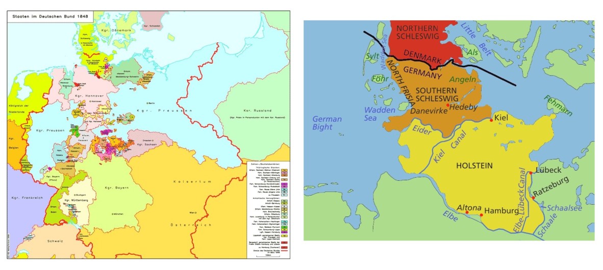 Two coloured maps showing the different boundaries for Germany during the 19th Century