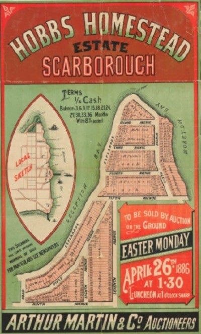 A colourful real estate map of Hobbs Homestead Estate Scarborough 1886