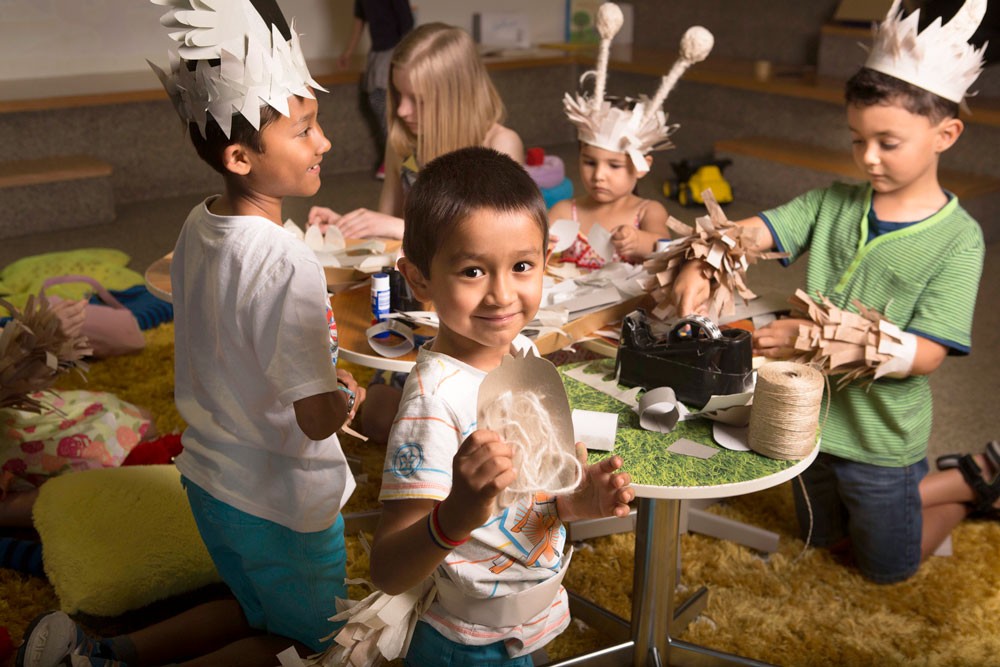 Children playing in a library.