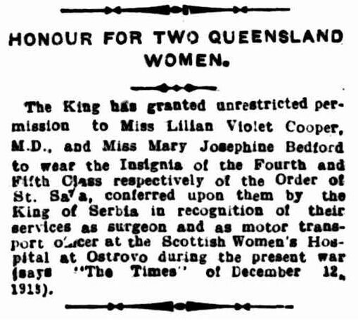 An article in The Brisbane Courier about the two receiving their honours.