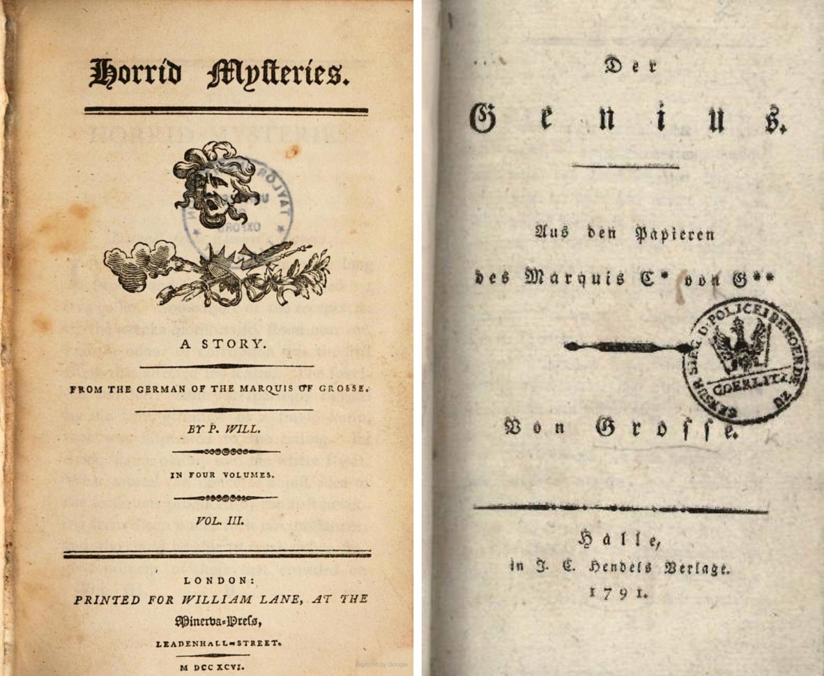 Left: Horrid mysteries, 1796. Minerva Press. Jane Austen Society of North America.  Right: Horrid mysteries was a translation of an earlier German “shudder novel” Der Genius.