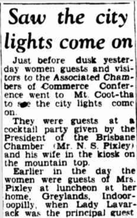 An article about women gathered at Mt Coot-tha, guests of a Mrs Pixley of Greylands