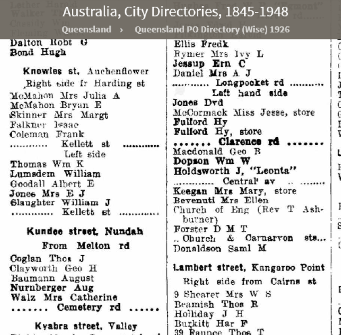 A list of streets and names of people who lived there for Nundah in 1926