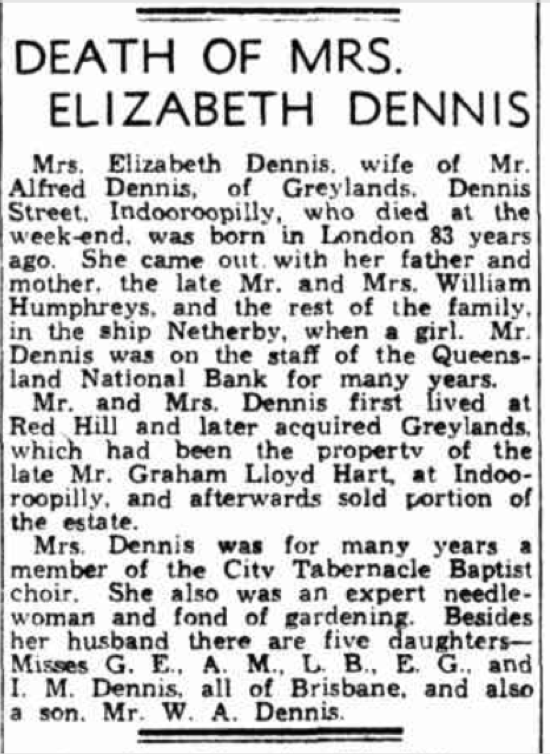 An article about the death of Mrs Elizabeth Dennis of Greylands