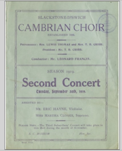 The program of the Blackstone-Ipswich Cambrian Choir second concert