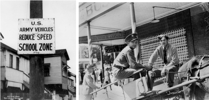 One black and white photograph of a house with a school zone sign out front and one black and white photograph of two soldiers in a cart being pulled by a horse near some shops