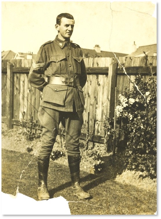 Hugh Campbell in uniform in his backyard. 