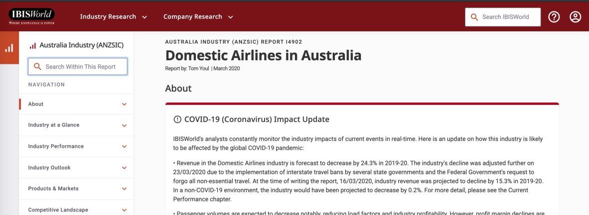 IBISWorld database search for Domestic Airlines in Australia