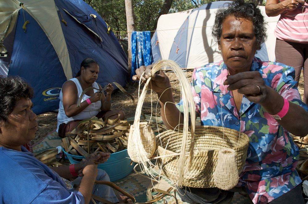 Rhonda Brim displaying her baskets at the Laura Aboriginal Dance Festival, 2009.