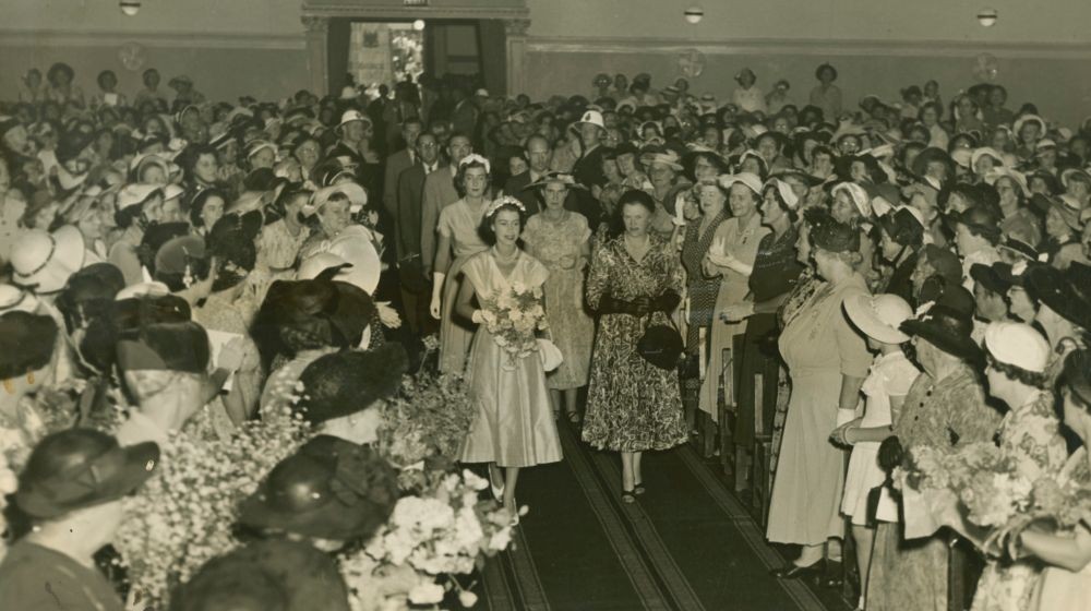 Queen Elizabeth ll with Mrs Gair at City Hall for a womens reception Brisbane Queensland 1954