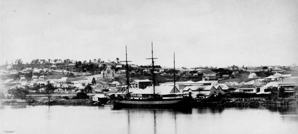 Ship docked at the wharves, South Brisbane ca. 1881