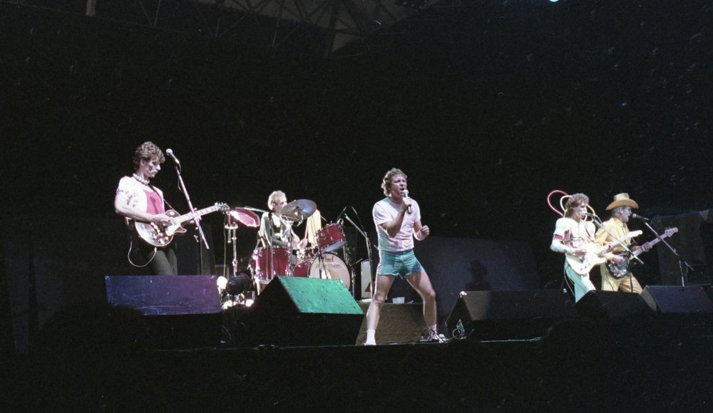 Skyhooks performing on stage at the Noosa Aussie Hop, 1983